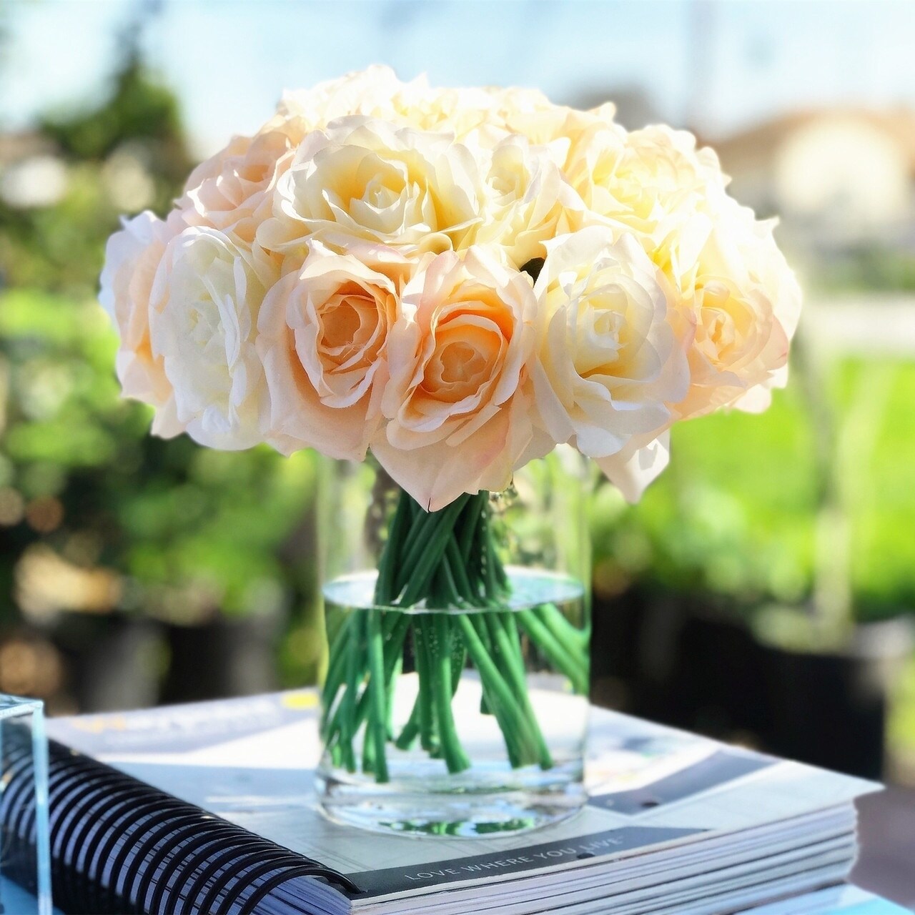 Enova Home Artificial Open Fake Silk Roses Flowers Arrangement in Clear ...