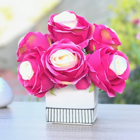 Enova Home Artificial Open Rose Flower Arrangements With White Square Ceramic Vase