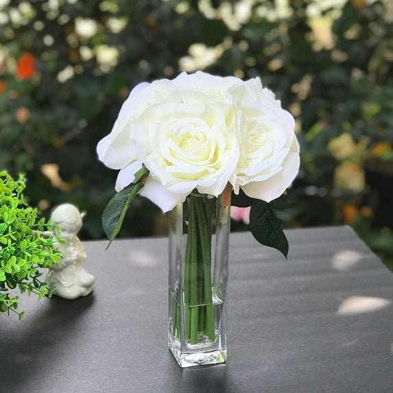 Enova Home Artificial Open Rose Silk Flowers in Clear Glass Vase with Faux Water (Cream)