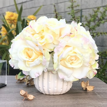 Enova Home Artificial Open Rose and Hydrangea Silk Flowers Arrangement with White Ceramic Vase (Blush)