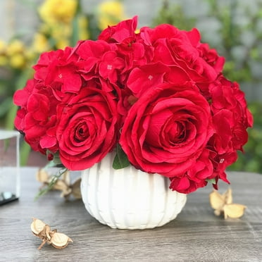 Enova Home Artificial Open Rose and Hydrangea Silk Flowers Arrangement with White Ceramic Vase (Red)