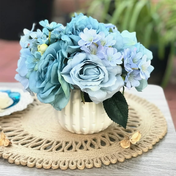 Enova Home Artificial Open Rose and Mixed Silk Flowers Arrangement with White Ceramic Vase (Blue)