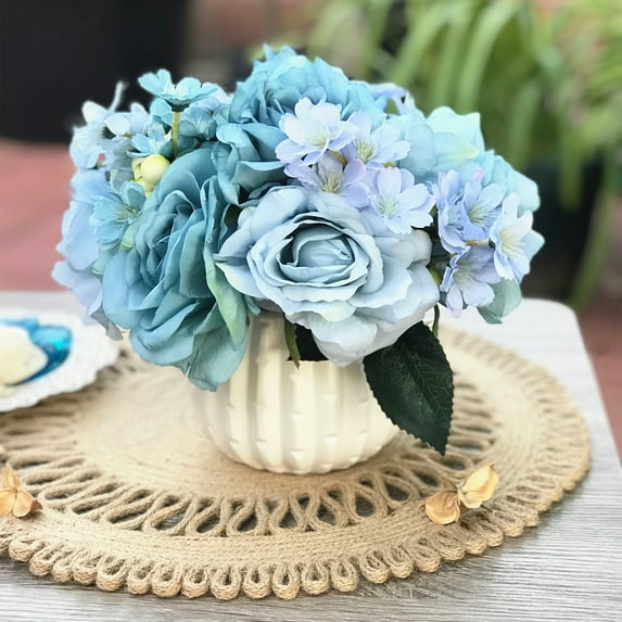 Enova Home Artificial Open Rose and Mixed Silk Flowers Arrangement with White Ceramic Vase (Blue)