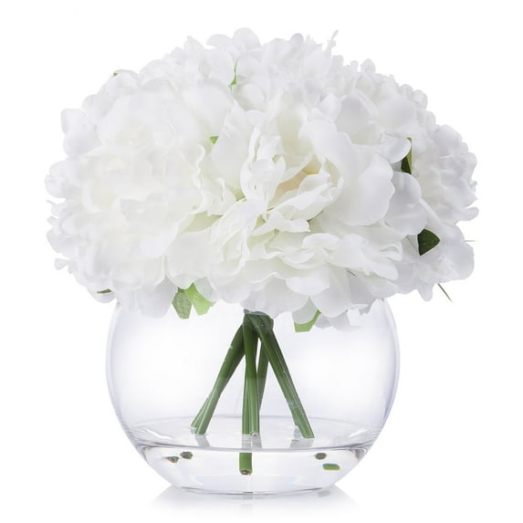 Enova Home Artificial Peony Flower Arrangement in Clear Glass Vase With Faux Water