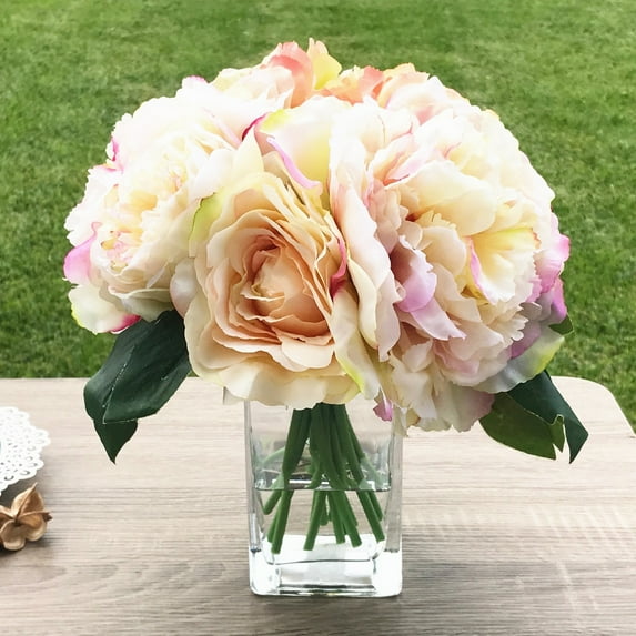 Enova Home Artificial Peony Rose and Hydrangea Mixed Silk Flowers Arrangement with Clear Glass Vase (Peach)