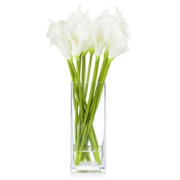 Enova Home  Artificial Real Touch Lilies Fake Silk Flowers Arrangement in Glass Vase with Faux Water for Home Office Decoration White