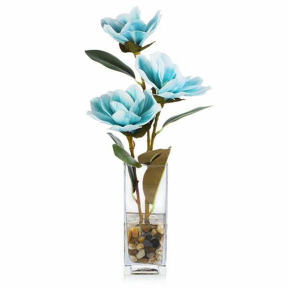 Enova Home Artificial Real Touch Magnolia Faux Flowers Arrangement in Glass Vase with Faux Water and River Rock for Home Office Wedding Decór (Blue)