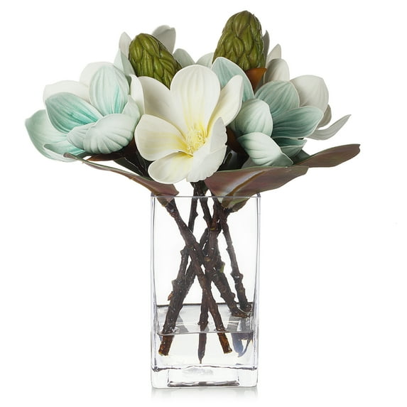 Enova Home Artificial Real Touch Magnolia Flower Fake Floral Arrangement in Rectangle Glass Vase with Faux Water for Home Decór (Cream Blue)