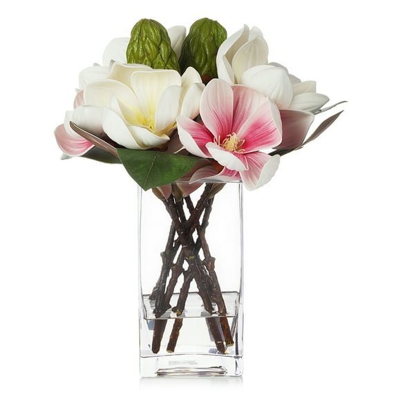 Enova Home Artificial Real Touch Magnolia Flower Fake Floral Arrangement in Rectangle Glass Vase with Faux Water for Home Decór (Cream Pink)