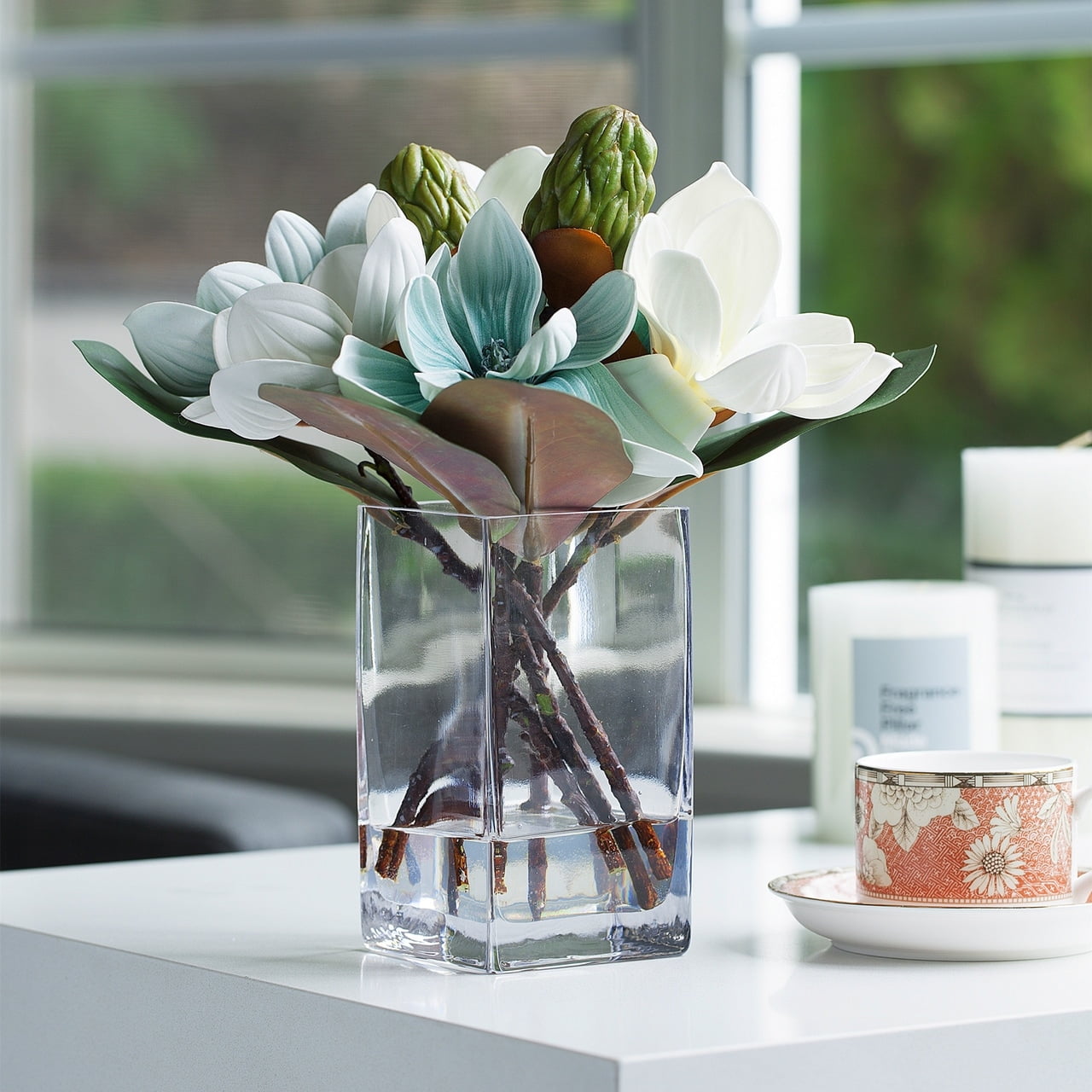 Blue Cream Magnolia Artificial Flower Arrangement in Glass Vase