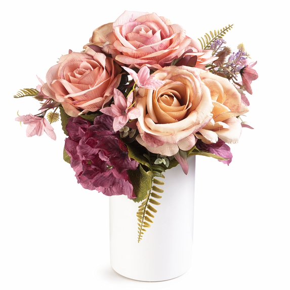Enova Home Artificial Rose and Hydrangea Silk Flowers Arrangement in Ceramic Vase with Faux Water (Pink Purple)