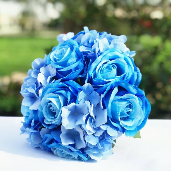 Enova Home Artificial Rose and Hydrangea Silk Flowers Bouquets Set of 2 (Blue)