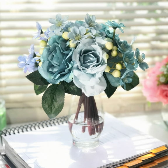 Enova Home Artificial Rose and Mixed Silk Flowers Arrangement in Clear Glass Vase with Faux Water (Blue)