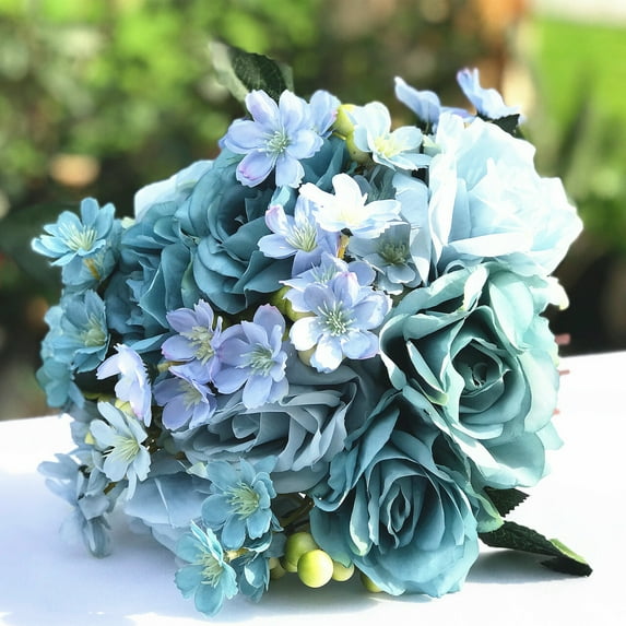 Enova Home Artificial Rose and Mixed Silk Flowers Bouquet Set of 2 (Sky Blue)