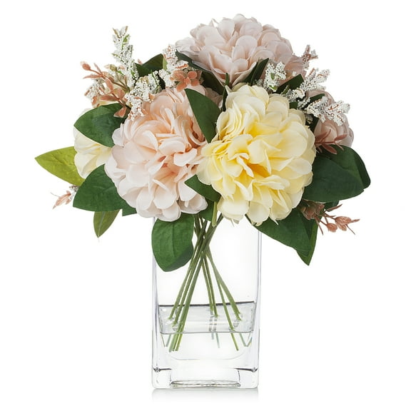 Enova Home Artificial Silk Dahlia Fake Flower Arrangment in Clear Rectangle Glass Vase with Faux Water for Home Decór (Beige Cream)
