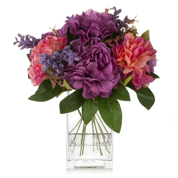 Enova Home Artificial Silk Dahlia Fake Flower Arrangment in Clear Rectangle Glass Vase with Faux Water for Home Decór (Pink Purple)
