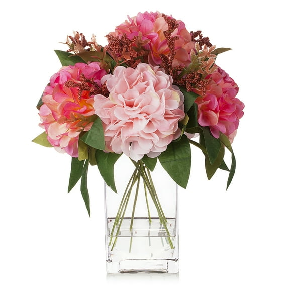 Enova Home Artificial Silk Dahlia Fake Flower Arrangment in Clear Rectangle Glass Vase with Faux Water for Home Decór (Pink)