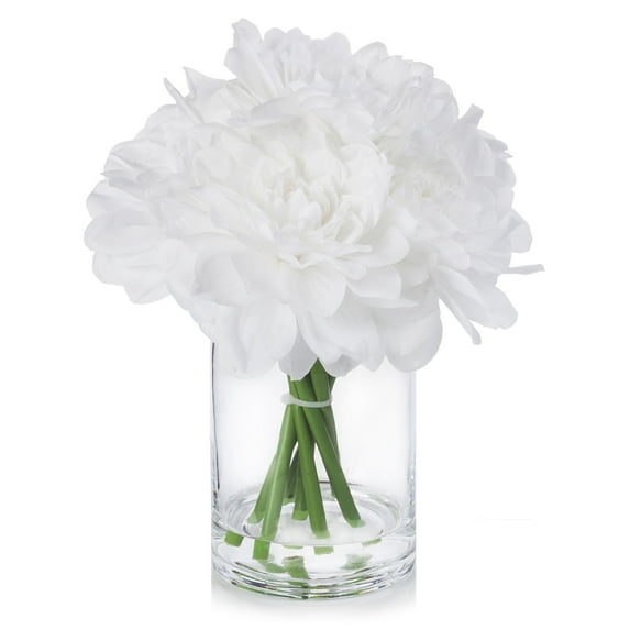 Enova Home Artificial Silk Dahlia Fake Flowers Arrangement in Cylinder Glass Vase with Faux Water for Home Office Wedding Decoration (White)