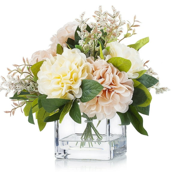 Enova Home Artificial Silk Dahlias in Cube Glass Vase with Faux Water, Fake Flowers Arrangement for Home Office Wedding Party Decoration (Cream Pink)