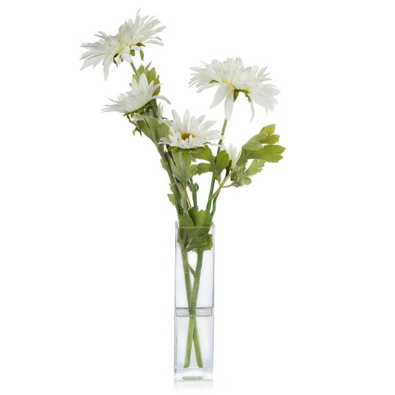 Enova Home Artificial Silk Daisy Faux Flowers Arrangement in Glass Vase with Acrylic Water for Home Office Decoration (White)