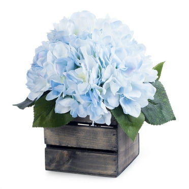 Enova Home  Artificial Silk Hydrangea Fake Flowers Arrangement in Wood Planter for Home Office Wedding Decoration Blue