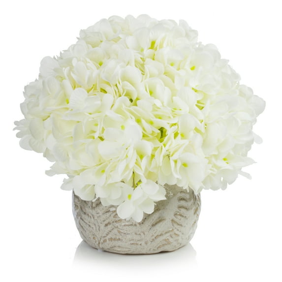 Enova Home Artificial Silk Hydrangea Faux Flowers Arrangement in Round Tapered Ceramic Pot for Home Office Wedding Decoration (Cream)