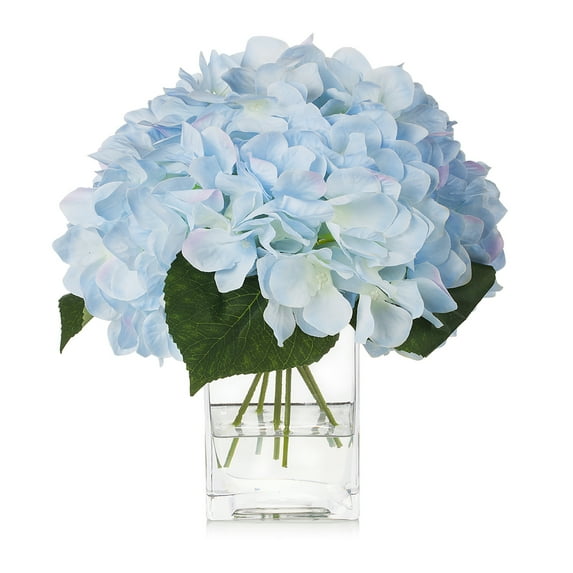 Enova Home Artificial Silk Hydrangea Flower in Rectangle Glass Vase, Fake Floral Arrangement in Vase with Faux Water (Light Blue)