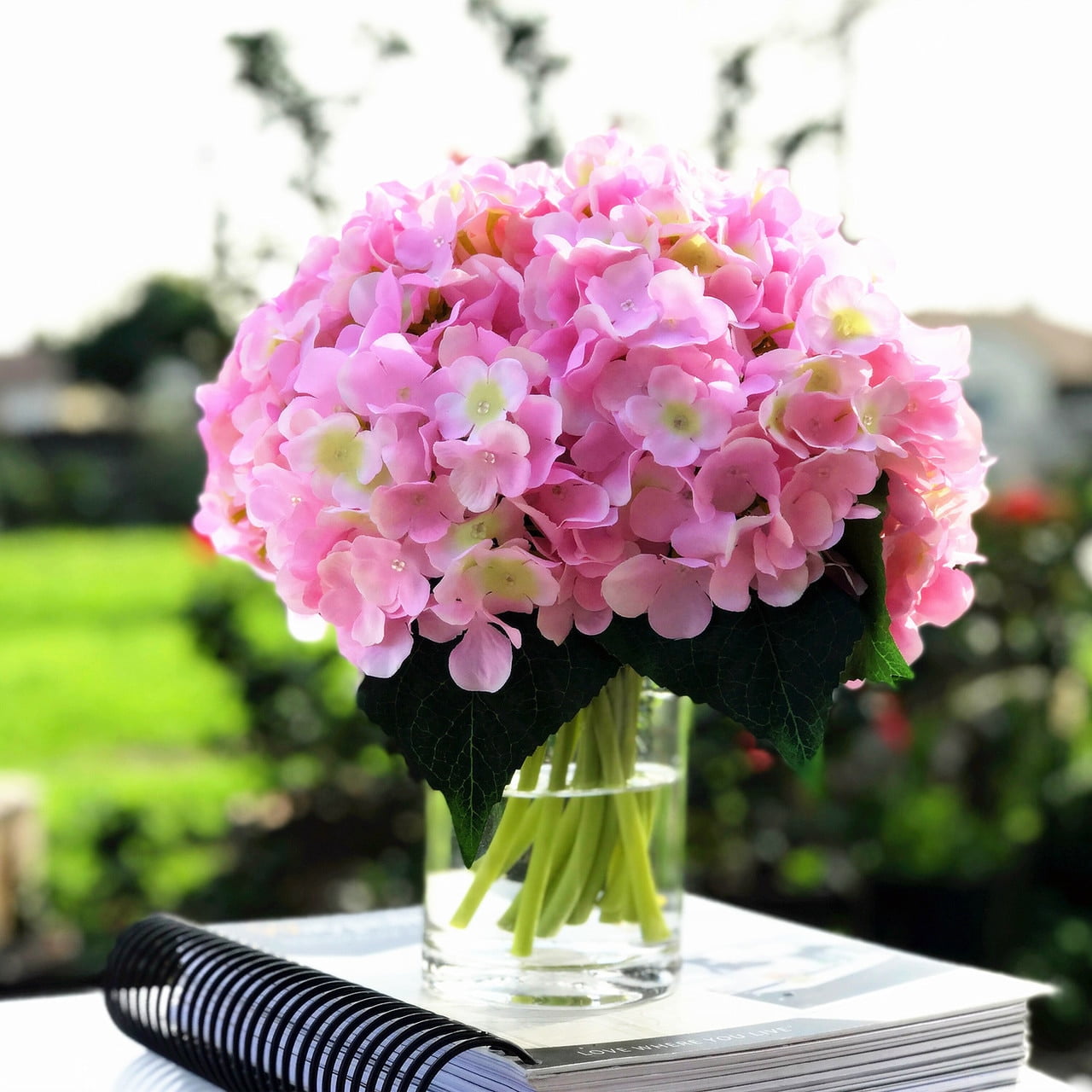 Pink Silk Hydrangea and Rose Arrangement in Clear Glass Vase