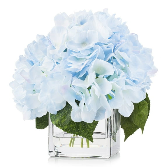 Enova Home Artificial Silk Hydrangea Flowers Arrangement in Cube Glass Vase With Faux Water For Home Office Decoration (Azure)