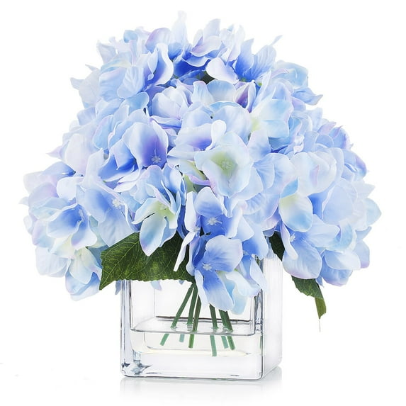 Enova Home Artificial Silk Hydrangea Flowers Arrangement in Cube Glass Vase With Faux Water For Home Office Decoration (Blue)