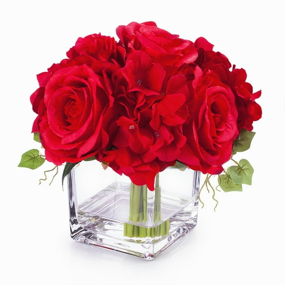 Enova Home Artificial Silk Hydrangea and Rose Fake Flowers Arrangement in Cube Glass Vase with Faux Water for Home Office Wedding Party Decoration (Red)