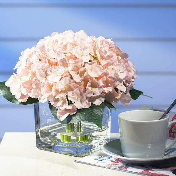 Enova Home Artificial Silk Hydrangeas Fake Flowers Arrangement in Cube Glass Vase with Faux Water for Home Office Wedding Party Decoration (Blush)