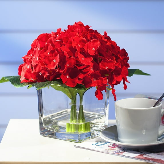 Enova Home Artificial Silk Hydrangeas Fake Flowers Arrangement in Cube Glass Vase with Faux Water for Home Office Wedding Party Decoration (Red)