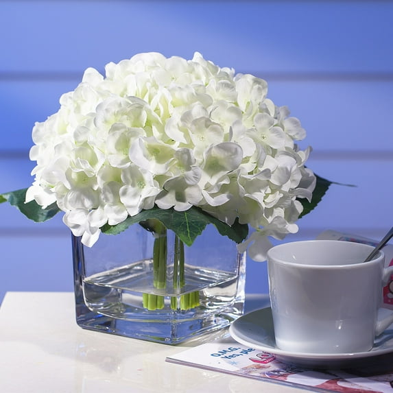 Enova Home Artificial Silk Hydrangeas Party Flowers Arrangement in Cube Glass Vase with Faux Water for Home Office Wedding Party Decoration (Cream)