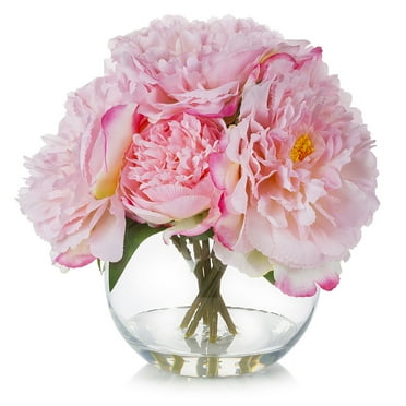Enova Home Artificial Silk Peony Fake Flower Arrangement in Round Glass Vase with Faux Water for Home Decór (Pink)