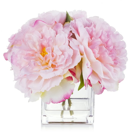 Enova Home Artificial Silk Peony Fake Flowers Arrangement in Cube Glass Vase with Faux Water for Home Office Decoration (Pink)