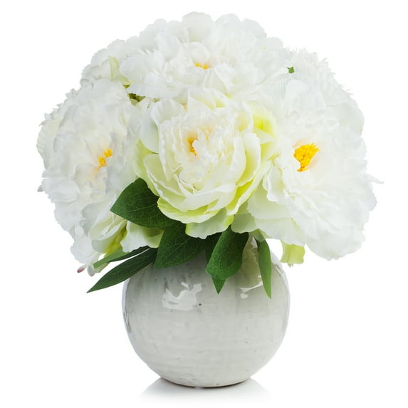 Enova Home Artificial Silk Peony Faux Flowers Arrangement in Round Ceramic Pot for Home Office Wedding Decoration (Cream)