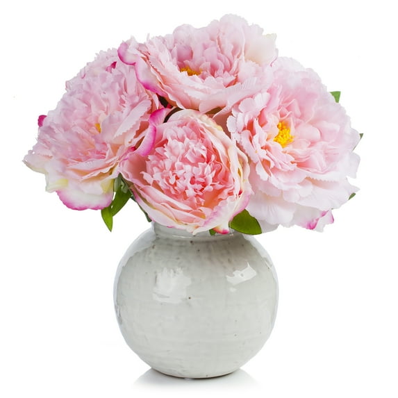 Enova Home Artificial Silk Peony Faux Flowers Arrangement in Round Ceramic Pot for Home Office Wedding Decoration (Pink)