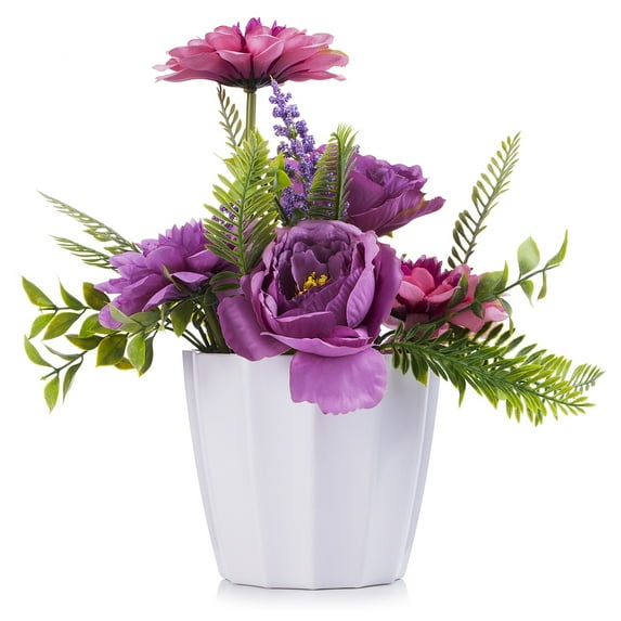 Enova Home Artificial Silk Peony and Dahlia Flowers Arrangement in White Pot (Purple)