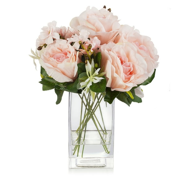 Enova Home Artificial Silk Rose Flower Fake Floral Arrangement in Clear Rectangle Glass Vase with Faux Water for Home Decór (Pink)