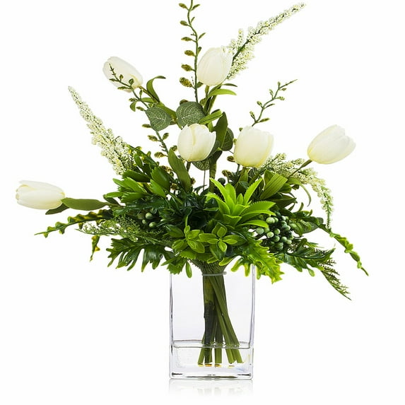 Enova Home Artificial Silk Tulip Flowers and Mixed Greenery Arrangement in Clear Glass Vase with Faux Water (White)