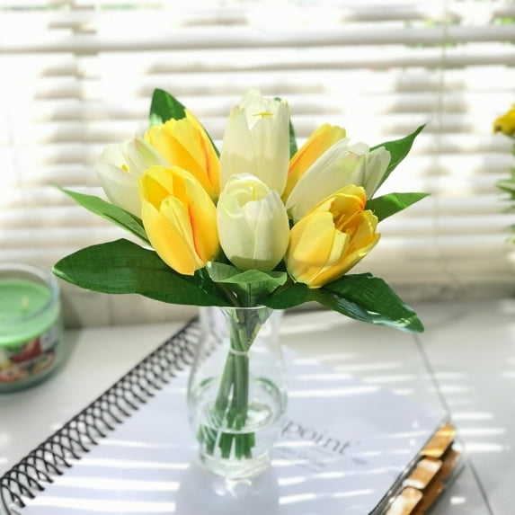 Enova Home Artificial Silk Tulips Fake Flowers Centerpiece in Clear Glass Vase with Faux Water for Home Office Decor yellow and cream