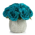 thumbnail image 1 of Enova Home Artificial Velvet Roses Faux Silk Flowers in Round Tapered Ceramic Pot for Home Office Wedding Decoration (Aqua), 1 of 4