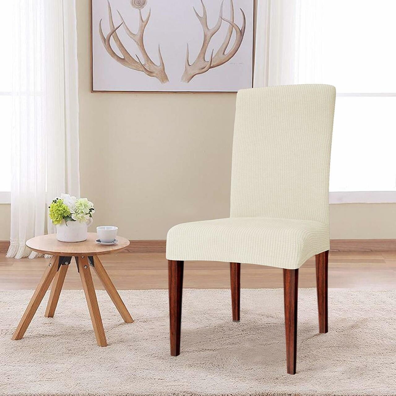Ivory Stretch Jacquard Box Cushion Dining Chair Slipcover