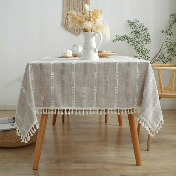 Enova Home  High Quality Rectangle Cotton Linen Washable Tablecloth Stripe with Tassel for Home Party Wedding Dining Table Brown - 55" x 86"