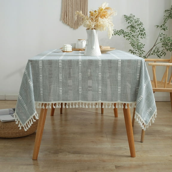 Enova Home High Quality Rectangle Cotton Linen Washable Tablecloth Stripe with Tassel for Home Party Wedding Dining Table Light Blue - 55" x 78"