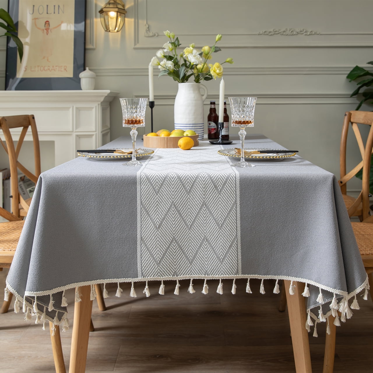 Enova Home High Quality Tablecloth with Tassels, Thick Rectangle Cotton and  Linen Table Cover for Dining Kitchen Decoration (Grey, 54\, image size:1280x1280