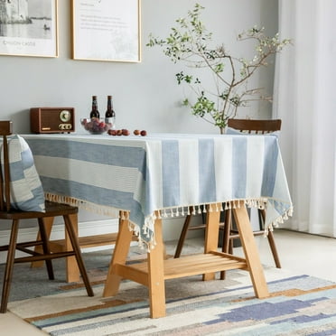 Enova Home High Quality Tablecloth with Tassels, Thick Rectangle Cotton and Linen Table Decoration Cover for Dining Table (Blue White) - 54" x 78"