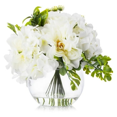 Enova Home Hydrangea Rose and Peony Mixed Silk Flower in Round Clear Glass Vase