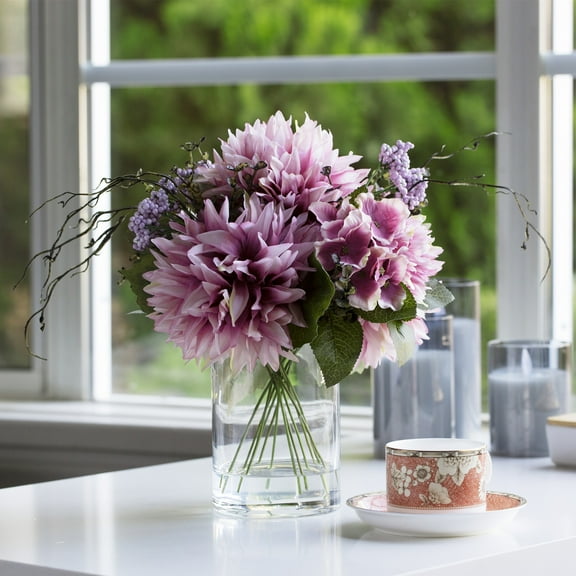Enova Home Mixed Artificial Dahlia Flower Arrangement in Clear Glass Vase with Faux Water (Purple)